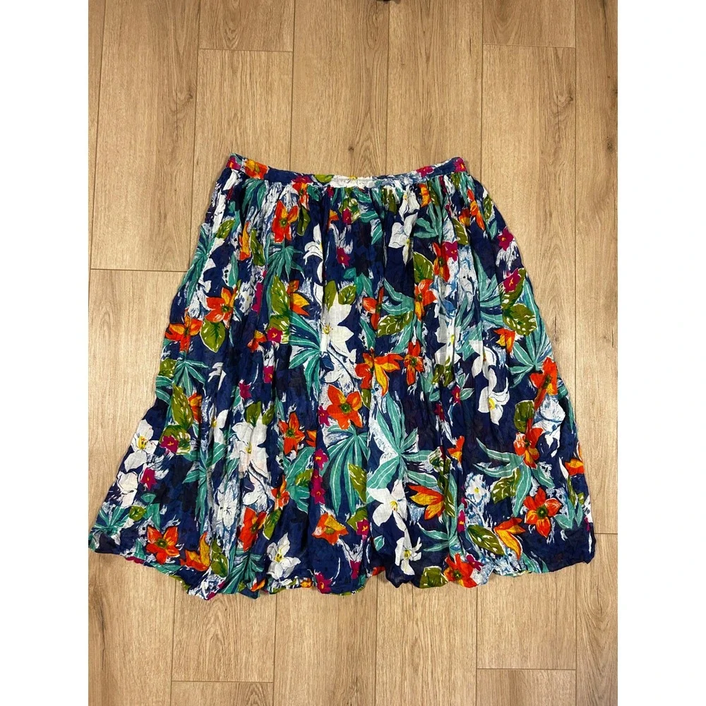Generalities Vintage Floral Cotton Midi Skirt Blue Orange White Green Tropical M